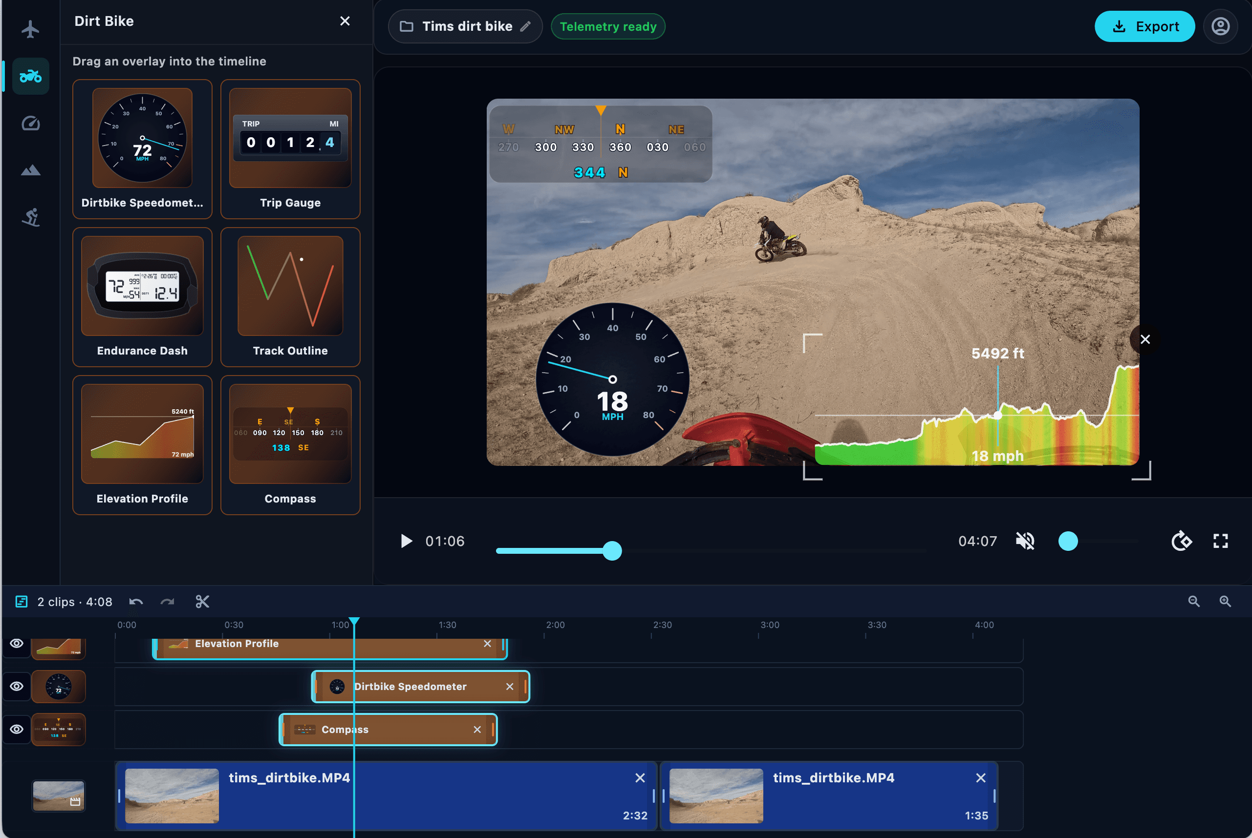 LiveLayer desktop GoPro action video editor with telemetry overlays, timeline clips, and export controls